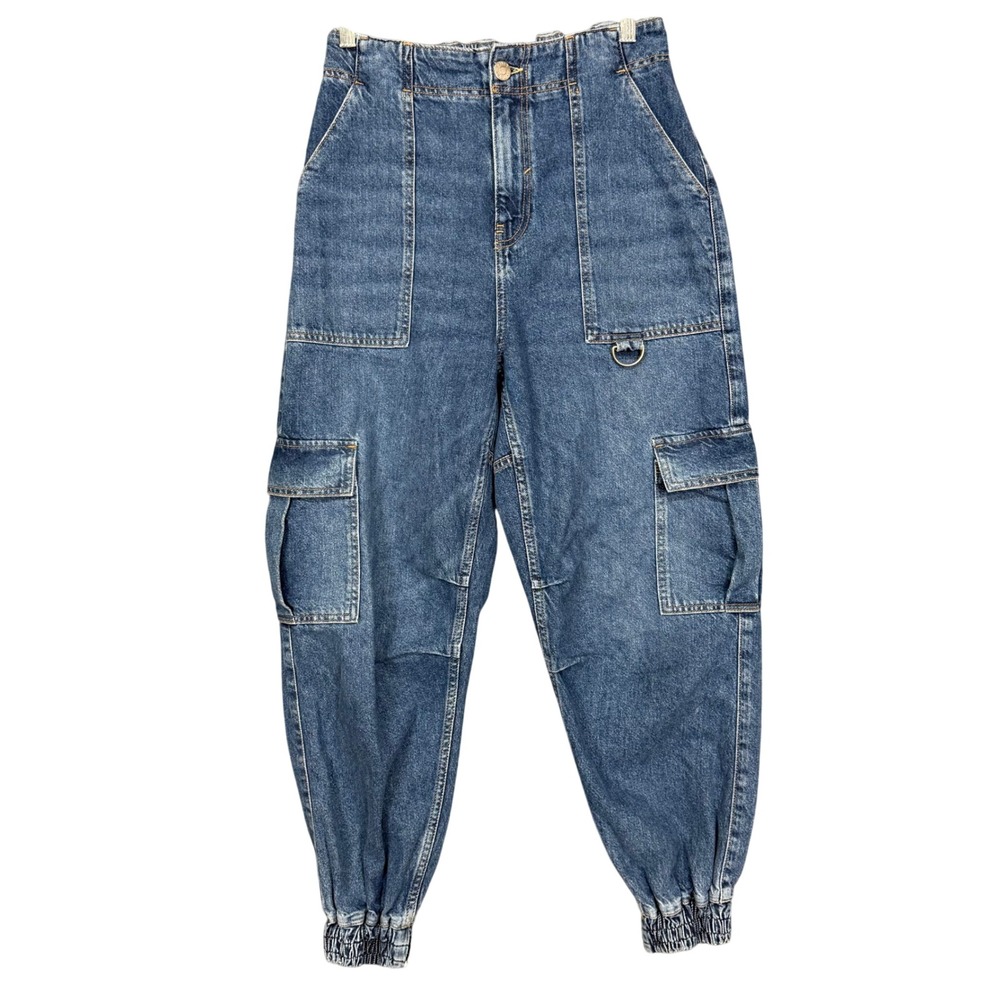 River Island Jeans Womens 10 Blue Denim Cargo Jogger High Rise Utility Retro